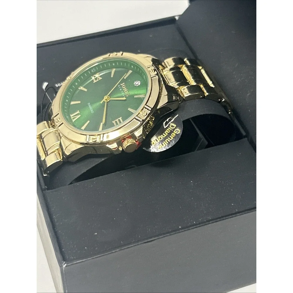 NIB Jones New York Diamond Collection Gold Tone Green Face Genuine Diamond
